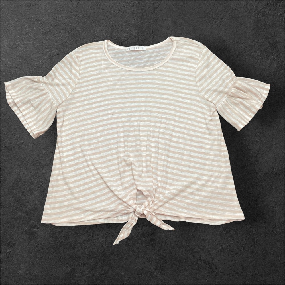 Potter's Pot Striped Tie Front Ruffle Sleeve Top Peach White Small Lightweight